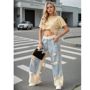 Women casual straight-leg denim jeans with drawstring detail, stylish and versatile four-season wear.