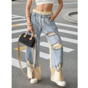 Women casual straight leg jeans patchwork drawstring stylish high waist trendy denim pants