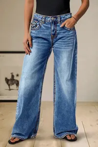 Detail view of high waist wide leg denim jeans with contrast heavy stitching for women fashion.