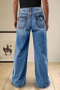 Women's high waist wide leg blue jeans with classic back pockets and contrast stitching detail.