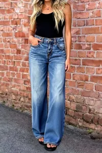 Women high waist wide leg denim jeans casual streetwear vintage blue trousers full length