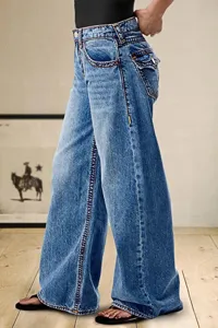 High-waisted wide-leg denim jeans featuring contrast stitching and casual streetwear style.
