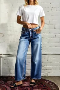 Women high waist wide leg denim jeans casual streetwear vintage blue straight pants detail