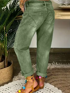 Pantalon de loisirs vert taille haute pour femmes, tissu extensible confortable, élégant.