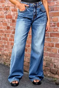 Women's high-waisted wide-leg jeans in dark blue wash, casual straight denim pants.