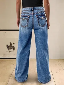 Women's casual wide leg denim jeans high waist streetwear with back pocket trousers