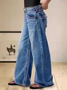 High waist wide leg denim jeans for women, casual vintage washed blue long pants detail.