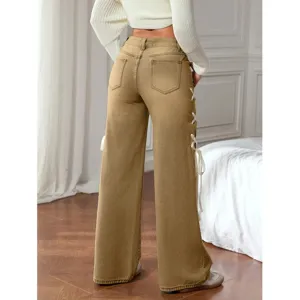 Khaki wide-leg denim jeans for women featuring side ribbon lace-up and back pockets main view