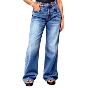 Detailed view of high waist wide leg blue denim jeans, premium stitching and pockets.