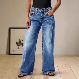 High waist wide leg denim jeans for women casual vintage washed straight long trousers streetwear.