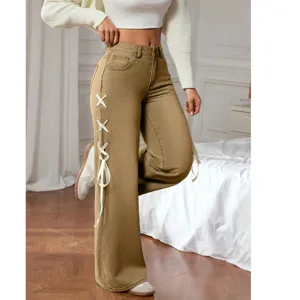 Women khaki wide leg denim pants with white side lace up ribbons high waist casual jeans main view