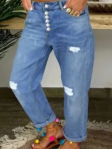 Femme taille haute multi boutons jean dechire delave style rue pantalon denim mode