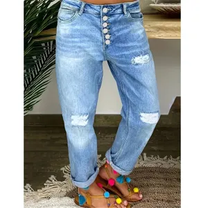 Pantalon en Denim Streetwear Casual Extensible Délavé Multi-Boutons Taille Haute pour Femmes Grande Taille