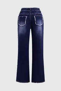 Jeans da donna a vita alta in denim con dettagli sfrangiati e gamba larga e dritta casual.