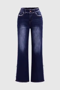 Jeans a gamba larga a vita alta blu scuro da donna con dettagli orlo sfrangiato.