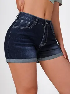 Short di jeans blu scuro a vita alta con cuciture a contrasto e risvolto elegante per donna.