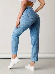 Washed denim skinny stretch jeans for women, casual high waist denim pants detail view