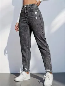 Vrouwen hoge taille distressed gewassen stretch denim jeans casual slim mode broek