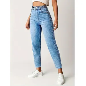 High-waisted light wash stretch denim jeans for women, casual slim fit everyday wear.
