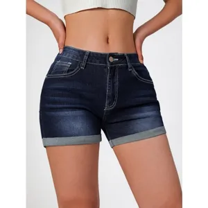 Shorts in denim elasticizzato blu scuro da donna con risvolto, vita alta, slim fit.