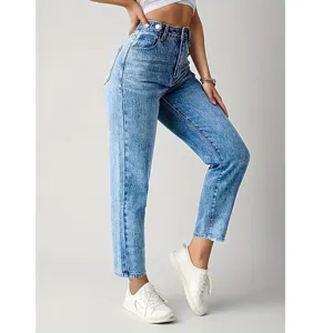 High-waisted acid wash women denim jeans casual fashion stretch straight trousers main view