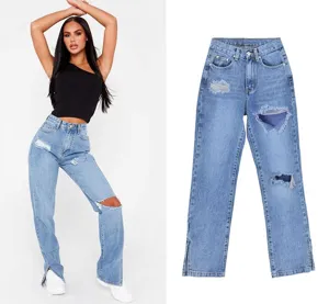 Women high waist ripped straight leg denim pants casual split hem light blue jeans street style