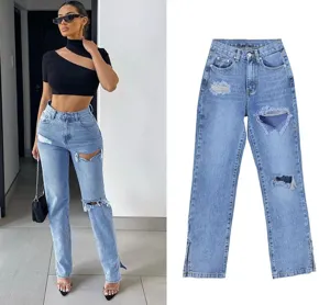 Detailed view of women casual light blue ripped straight leg jeans with split ankle design.