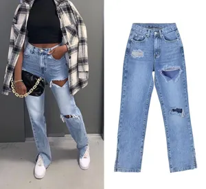 Women High Waist Straight Leg Jeans Distressed Denim Pants With Slit Casual Streetwear