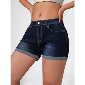 Pantaloncini di jeans blu scuro da donna a vita alta elasticizzati slim fit estivi