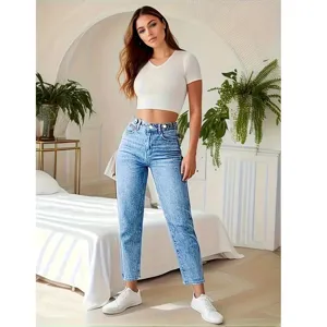 High-waist light wash women jeans casual denim pants stylish daily wear trendy clothing.