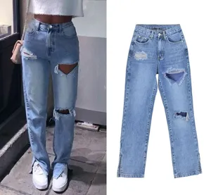 Women high waist light blue ripped straight leg jeans with side slit casual denim pants for daily wear