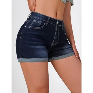 Shorts di jeans blu scuro donna vita alta elasticizzati vestibilita slim estivi trendy