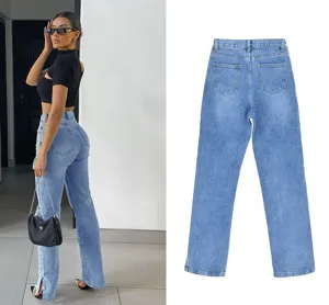 High-waist straight-leg denim jeans featuring a stylish split hem design and classic blue wash.