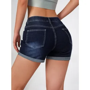 Shorts di jeans blu scuro da donna stretch slim fit casual pantaloncini estivi risvolto.