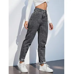 Dames hoge taille acid wash jeans met scheuren elastische denim broek hoofdaanzicht.