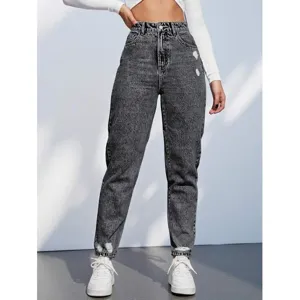 Vrouwen hoge taille acid wash gescheurde mom jeans elastische denim broek hoofdweergave
