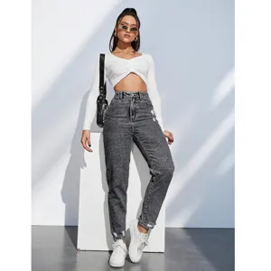 Dames hoge taille gewassen grijze casual denim spijkerbroek met gescheurde details en stretch.