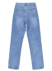 Classic blue high waist straight leg women denim jeans detail view with back pockets.