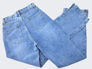 Women light blue straight denim jeans casual pants detail view fashion daily wear