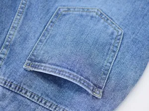 Close-up detail of women denim straight pants pocket, classic blue wash fabric texture.