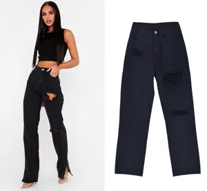 Black straight leg jeans featuring stylish distressed ripped details and chic ankle side slits.