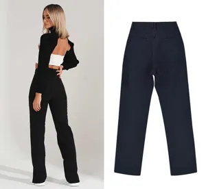 Women black straight leg jeans detail view, high waist casual denim trousers back design