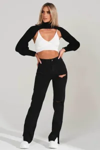 Women's streetwear high-waisted distressed straight-leg denim pants with side slit fashion.