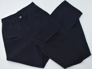 Womens black ripped straight leg jeans, casual denim pants with distressed knee details.