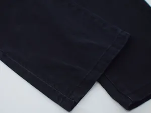 Dark blue denim straight jeans pant hem detail close-up view for women casual daily wear.
