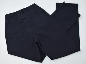 Detailed back view of women's black straight denim jeans showing pockets and classic waistband.