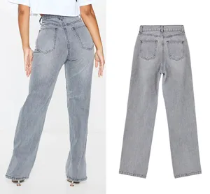 Grey denim straight leg jeans detailed back view showcasing clean cut and classic pockets design.