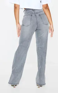 Women high waist grey straight leg jeans casual streetwear denim trousers with slit design.