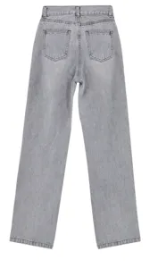 Back detail view of women's casual grey straight-leg denim jeans with classic pockets.