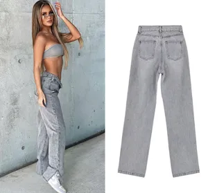 Women grey high waist straight leg denim jeans with hem slit casual street style detail
